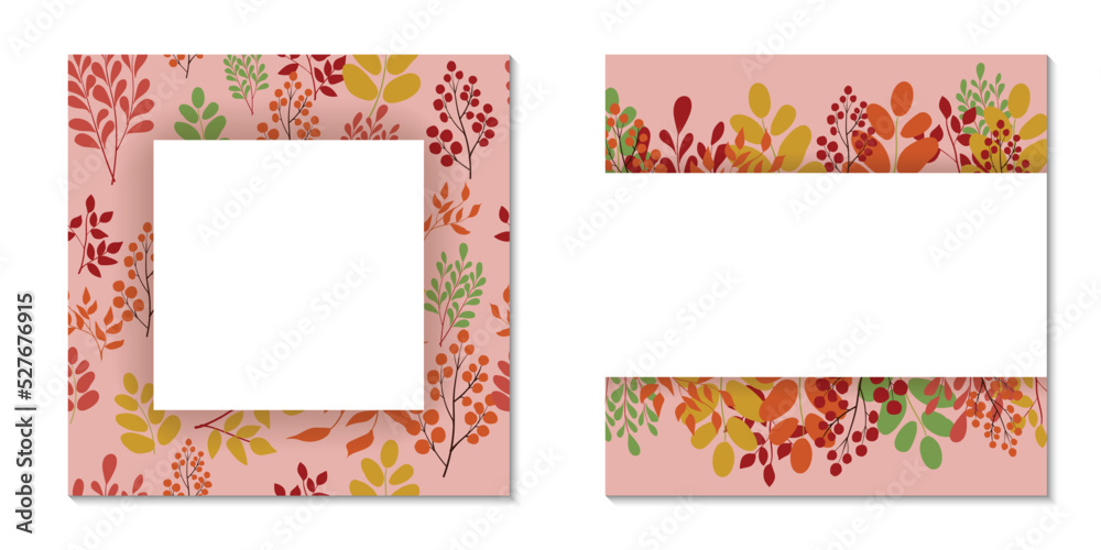 Vector templates for invitations, congratulations. Autumn theme. Leaves, branches, herbs and berries in warm autumn colors