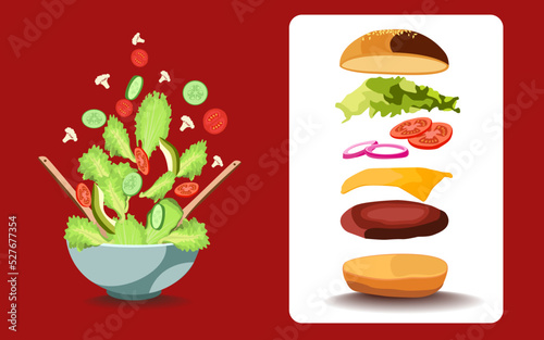 burger and vegetable bowl  bundle combo vector illustration art drawing design elements