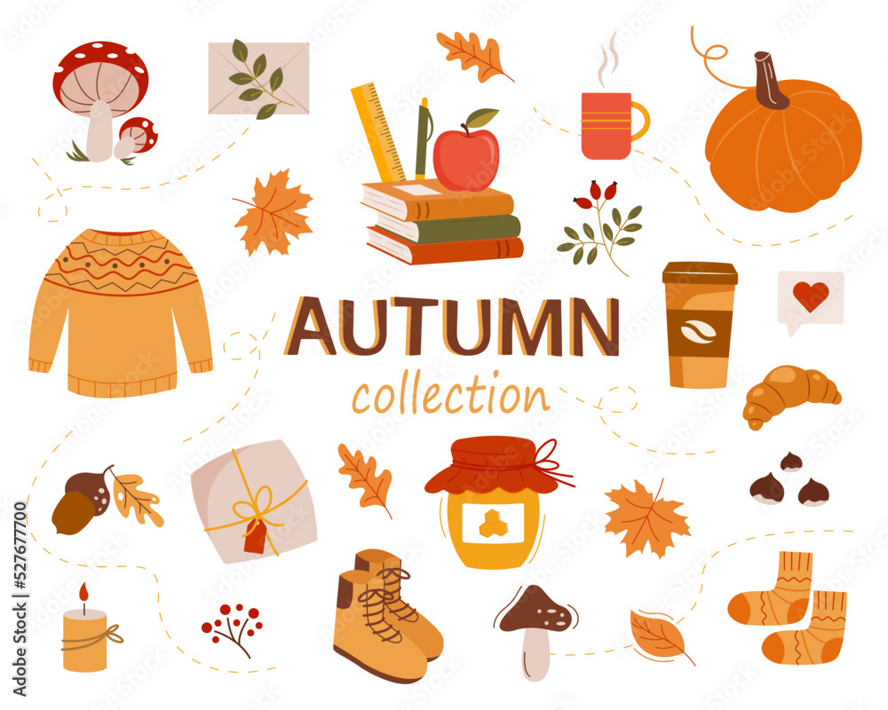 Autumn collection. Fall season cozy attributes cliparts bundle. Autumn accessories, leaves and harvest colorful set. Decorative design elements isolated on white. Vector illustration Autumn collection. Fall season cozy attributes cliparts bundle. Autumn accessories, leaves and harvest colorful set. Decorative design elements isolated on white. Vector illustration