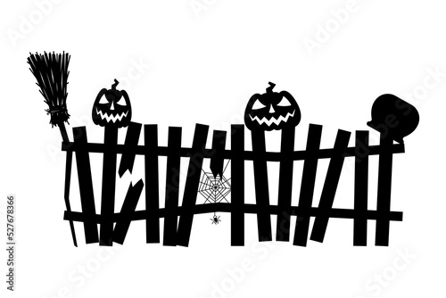 Halloween fence icon. Broom, pumpkin, spider, cobweb and pot. Black silhouette. Horizontal front side view. Vector simple flat graphic illustration. Isolated object on a white background. Isolate.