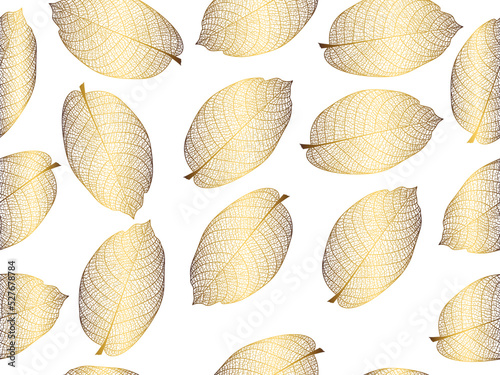 Vector illustration of gold leaves. Patterns of skeletal leaf cells, foliage branches, leaf veins for creative banner design.