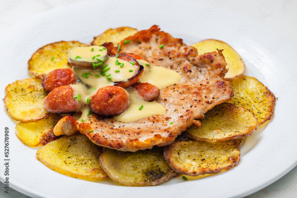 roasted pork meat with sausage, mustard sauce and roasted potatoes roasted pork meat with sausage, mustard sauce and roasted potatoes