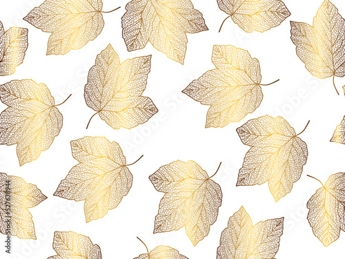 Vector illustration of gold leaves. Patterns of skeletal leaf cells, foliage branches, leaf veins for creative banner design.