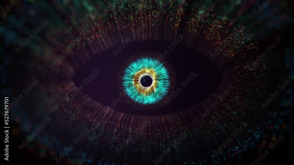 Human multicolored  eye animation concept. Rainbow lines after a flash scatter out of a bright white circle and forming volumetric a human eye iris and pupil. 3d rendering background in 4K	