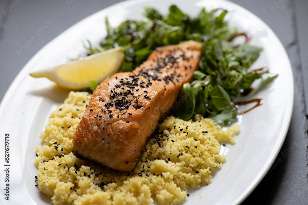 baked salmon with spinach salad and couscous baked salmon with spinach salad and couscous