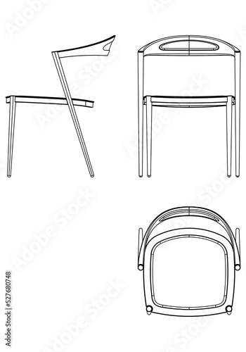 Chairs icon set. Home seating furniture for living room or kitchen. Side view, front view and top view. Vector illustration on white background