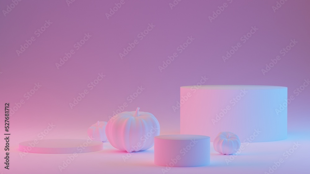 Halloween minimal scene with pumpkins and podium platforms with neon lights on pastel background. Stand to show products. Stage showcase on pedestal. 3d rendering. Halloween minimal scene with pumpkins and podium platforms with neon lights on pastel background. Stand to show products. Stage showcase on pedestal. 3d rendering.