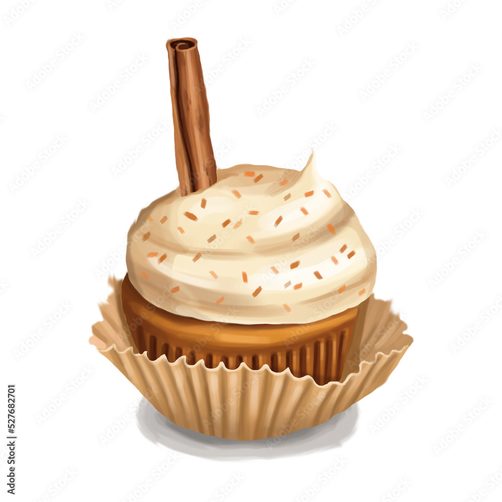 Pumpkin cupcake. Delicious pastry with cinnamon stick and cream. Realistic illustrations isolated on a white background. Pumpkin cupcake. Delicious pastry with cinnamon stick and cream. Realistic illustrations isolated on a white background.