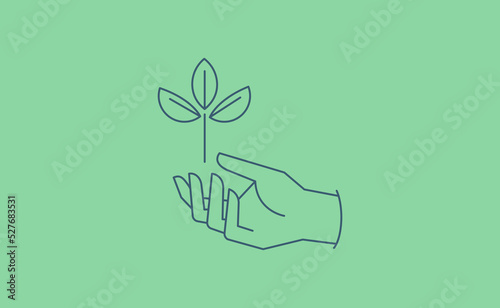 Sustainable ecologic environment concept. Hand holding plant. Linear vector illustration.