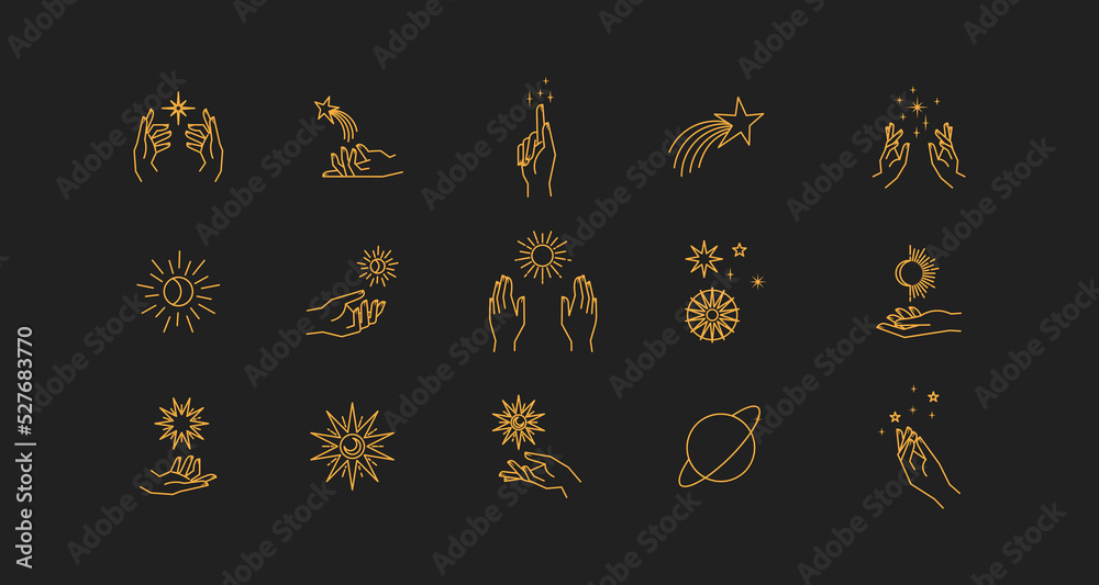 Aesthetic astral hands. Collection of cosmic and celestial elements with sun, moon and stars. Isolated editable linear vectors. Aesthetic astral hands. Collection of cosmic and celestial elements with sun, moon and stars. Isolated editable linear vectors.