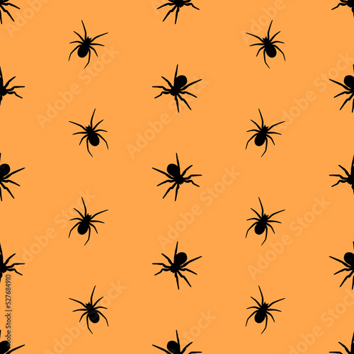 Halloween yellow seamless pattern made up many spiders and cobweb. Ornamental paper design. Holiday endless repeating texture for printing on package, wrapper, envelopes, cards, clothes, accessories.  © Hanna