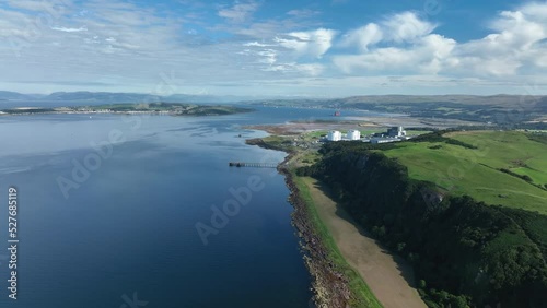 Aerial view of the firth of Clyde near Glasgow on the west coast of Scotland showing the isles of cumbrae and hunterston power station