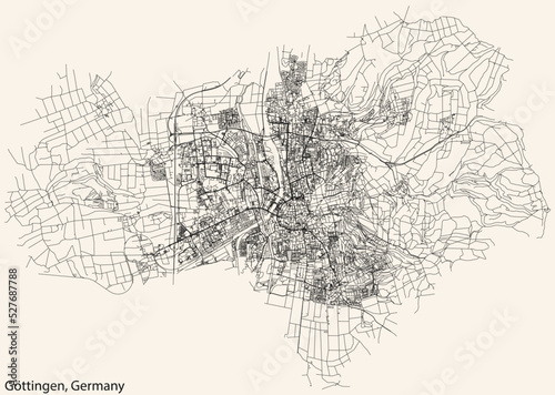 Detailed navigation black lines urban street roads map of the German regional capital city of GÖTTINGEN, GERMANY on vintage beige background