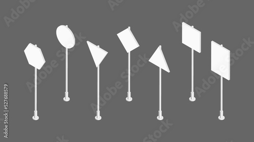 Vector illustration of blank road signs isolated on white background. Set of traffic signs with place for text. Collection of realistic white traffic control signs on metal poles. 