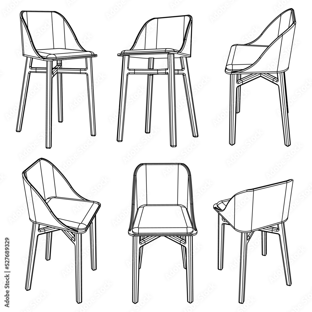 Chair line vector illustration, Set of different views of modern chair