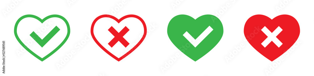 Tick and cross signs in heart icon. Vector illustration. Tick and cross signs in heart icon. Vector illustration.