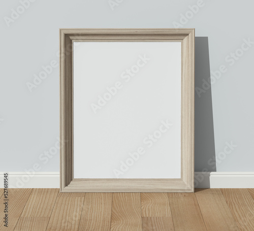 One wooden frame on wooden floor with a wall. Empty interior. 3D render vertical wooden frame mock up. Oak parquet. 3D illustrations. 3D design interior. 