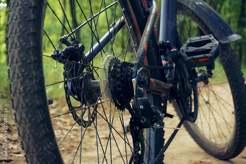 Mountain bike for outdoor activities, bicycle wheels, selective selective focus. Outdoor cycling