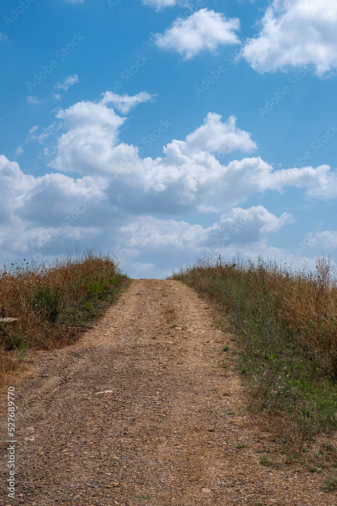 scenic view up, road to heaven, blue cloudy sky, beautiful landscape in Italy, place for your text, background for quotes