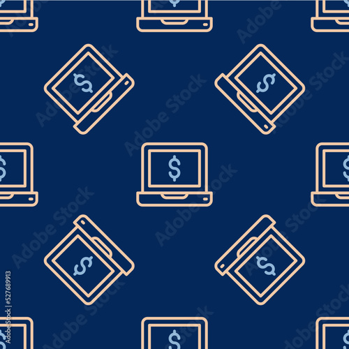 Line Laptop with dollar icon isolated seamless pattern on blue background. Sending money around the world, money transfer, online banking, financial transaction. Vector © Iryna