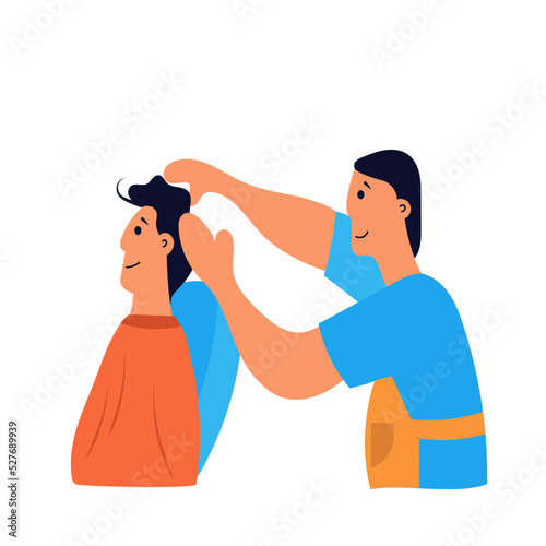 Hairdresser and client on beauty barber. Fashion hairstyle vector illustration and customer barber service. Barbershop profession and man coiffure. Hairdressing business and character hairstylist