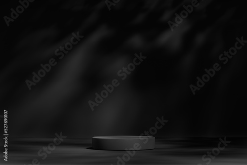 Minimal black cylinder pedestal or podium for product showcase. Blank mockup. Dark background. Empty stage. 3d render illustration. Leaf shadow