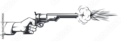 Hand with a gun shoots. Shot from a cowboy pistol. vector retro illustration.