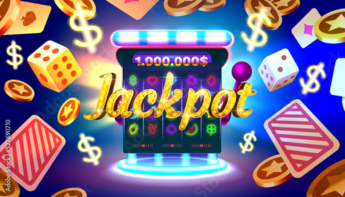 Casino slots machine winner, jackpot fortune of luck, 777 win banner. Vector