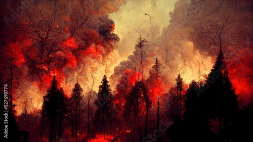 Forest fire disaster. Nature disaster, ecology catastrophe. Flame on grass and trees.