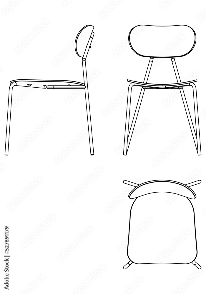Chair isolated lines on white background, vector illustration. Front, side, top view. Set of different views of modern chair Chair isolated lines on white background, vector illustration. Front, side, top view. Set of different views of modern chair