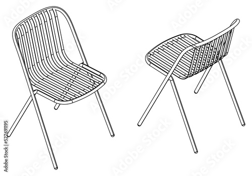 Isometric outline chairs set. Simple Outline Drawing, Isolated Vector