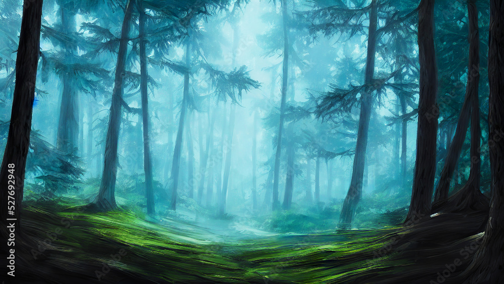 Naklejka premium misty morning in the forest in blue scheme of color