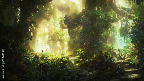 sun rays in the tropical forest, magical forest © Exordium_Fractal
