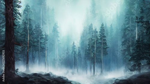 dense fog in the forest, cold winter