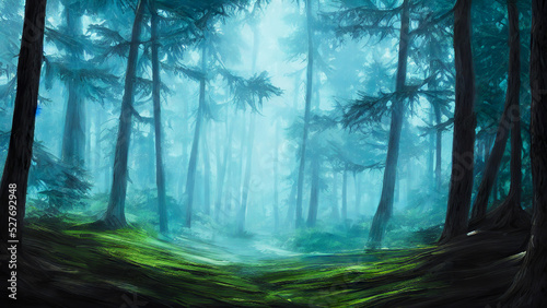 misty morning in the forest in blue scheme of color