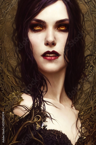 portrait of a woman vampire with yellow eyes
