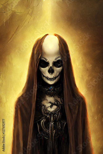 woman vampire with face of skull with light in the background