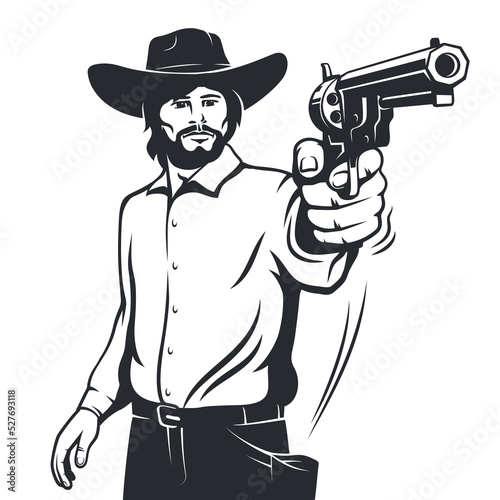 Cowboy gunslinger threatens with a gun. Gunfighter in the wild west draws a pistol from its holster.