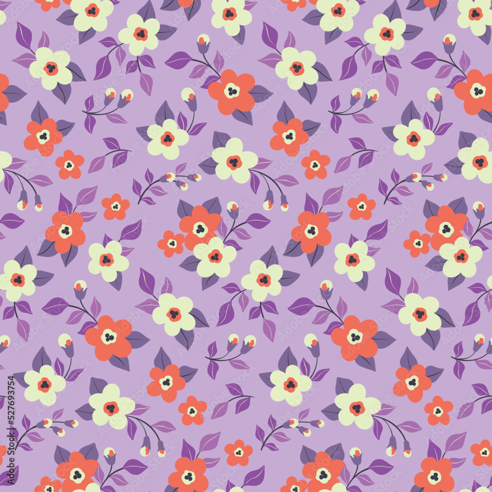 Seamless floral pattern, cute retro style ditsy print with flowers meadow. Botanical background design with small drawing plants, flowers, leaves in an abstract composition on a purple field. Vector. Seamless floral pattern, cute retro style ditsy print with flowers meadow. Botanical background design with small drawing plants, flowers, leaves in an abstract composition on a purple field. Vector.