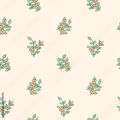 Seamless floral pattern, minimal ditsy print with small flowers branches on a white surface. Simple botanical background design with little flowers, leaves on twigs. Vector illustration. © Yulya i Kot
