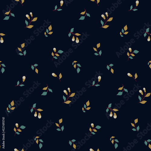 Seamless botanical pattern with small autumn botany on a dark background. Decorative floral print with little leaves and berries twigs in an abstract composition. Vector illustration. © Yulya i Kot