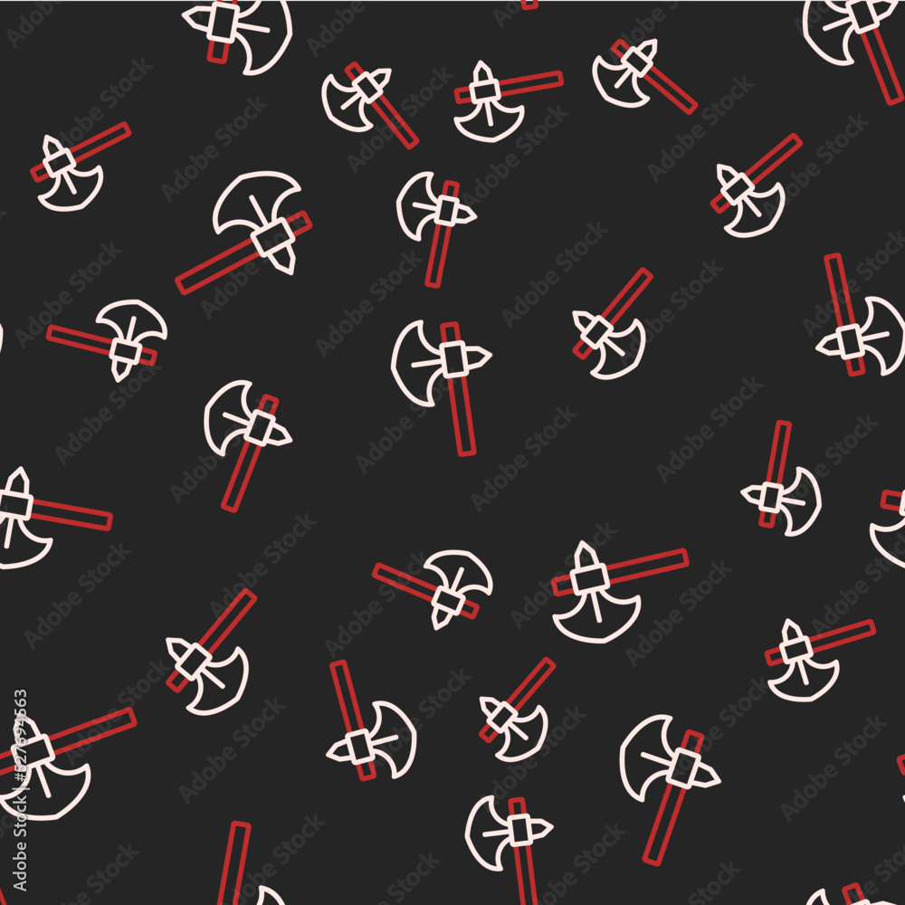 Line Medieval axe icon isolated seamless pattern on black background. Battle axe, executioner axe. Medieval weapon. Vector