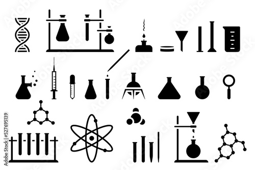 Chemistry laboratory equipment vector illustration set. Chemical research of scientific technology icon pictogram on white background