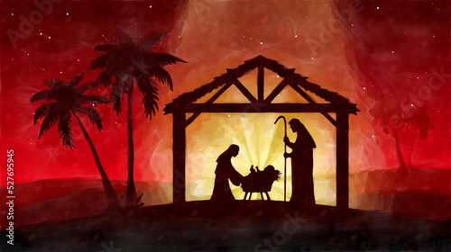 Christmas Nativity in the desert, watercolor painting sketch. Greeting card background.