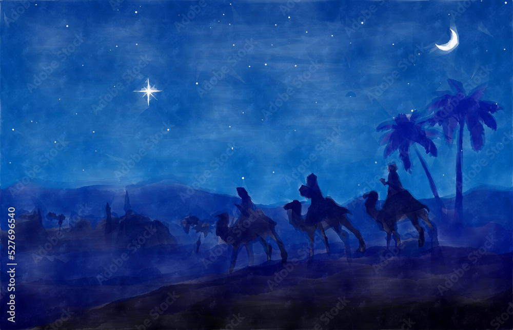 Blue Christmas Nativity Scene background. Three Wise Men go to the manger in the desert. Watercolor painting sketch. Greeting card background.