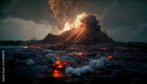 Volcanic eruption. Lava flame on black ash background. photo