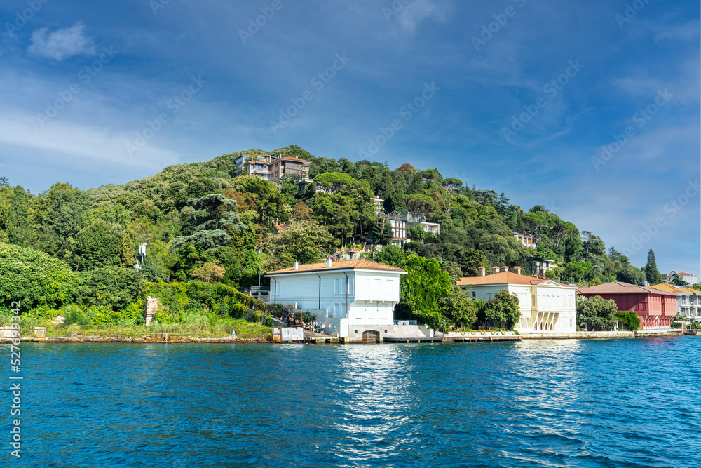 Views of various houses, (home)  mansions and nostalgic buildings from the sea on the Bosphorus, on the Asia side of Istanbul. Residence by the sea.