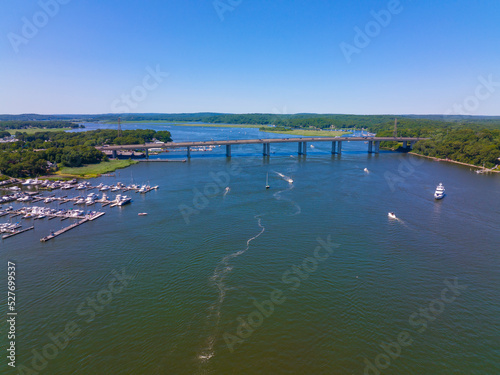 Raymond E. Baldwin Bridge crossing the Connecticut River at the mouth between town of Old Saybrook and Old Lyme, Connecticut CT, USA. The bridge carries Interstate Highway 95 and US route 1 traffic.  photo