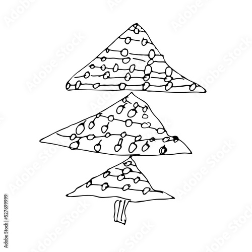 Christmas tree with decorations hand-drawn in the style of doodle. Naive scribble drawing for greeting card, gift packaging. Funny scrabble style collection for happy new year design element. 