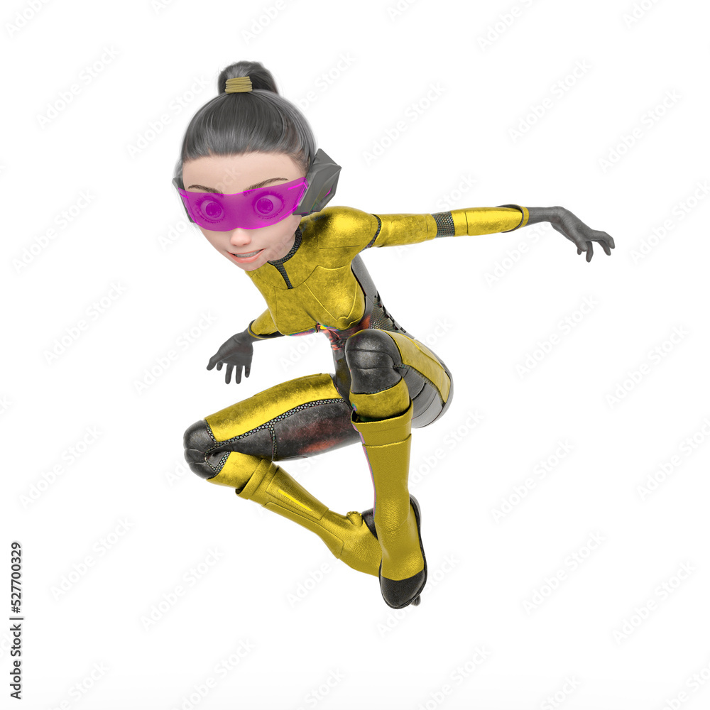 superheroine girl is running and looking down in white background superheroine girl is running and looking down in white background